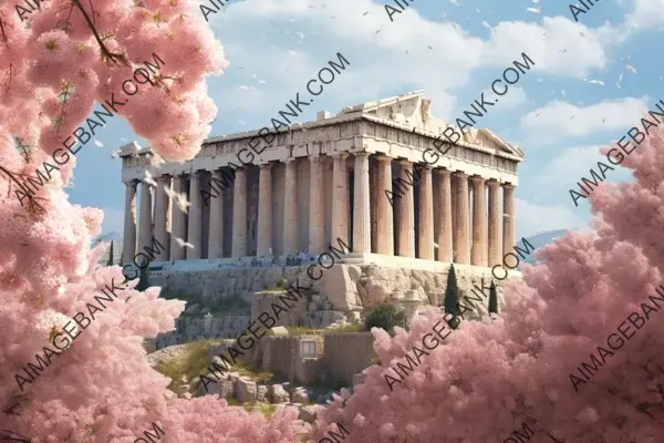 Parthenon Temple in Athens, Greece, Spring Blossoms in the Background