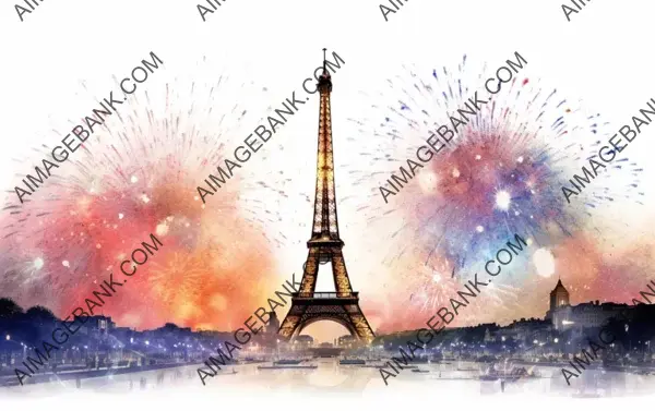 Paris Fireworks at Eiffel Tower Isolated on White