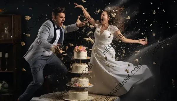 Playful Cake Toss: Bride and Husband Having a Blast