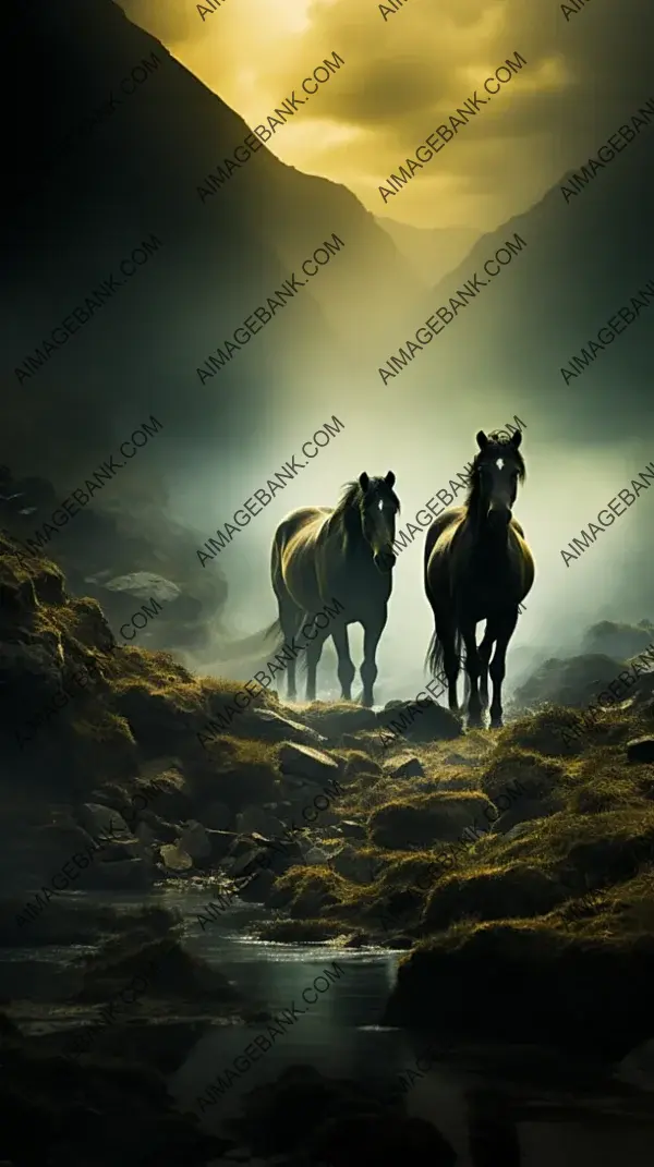 Two Horses in a Serene Landscape: Misty Field Stroll