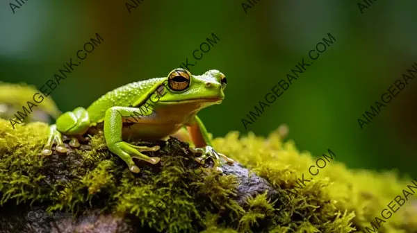 Closeup of a Green Frog on Moss