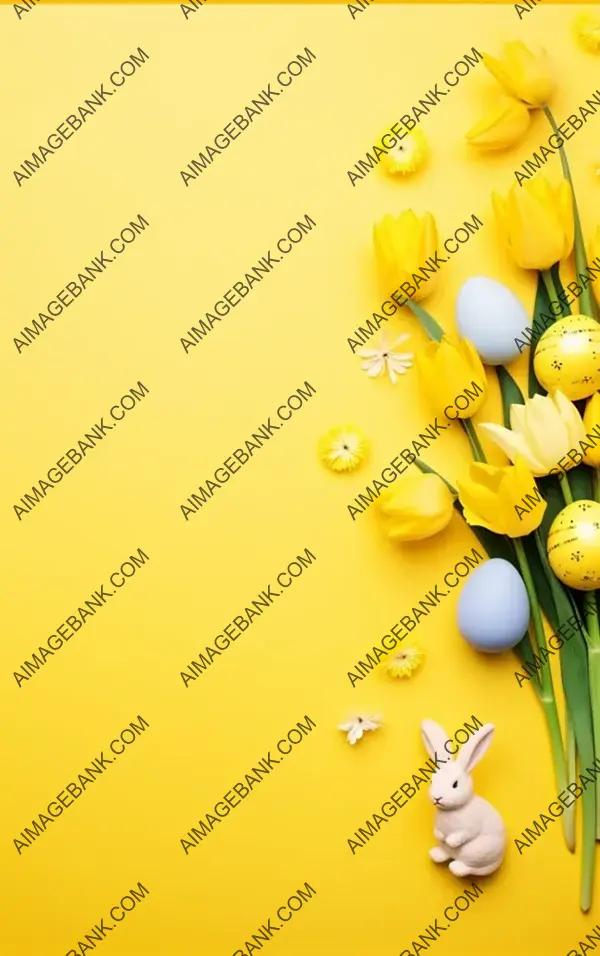 Yellow Tulips and Colorful Eggs in an Easter Flat Lay