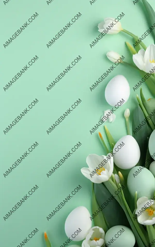 Easter Floral Background in Soft Green with Various Eggs