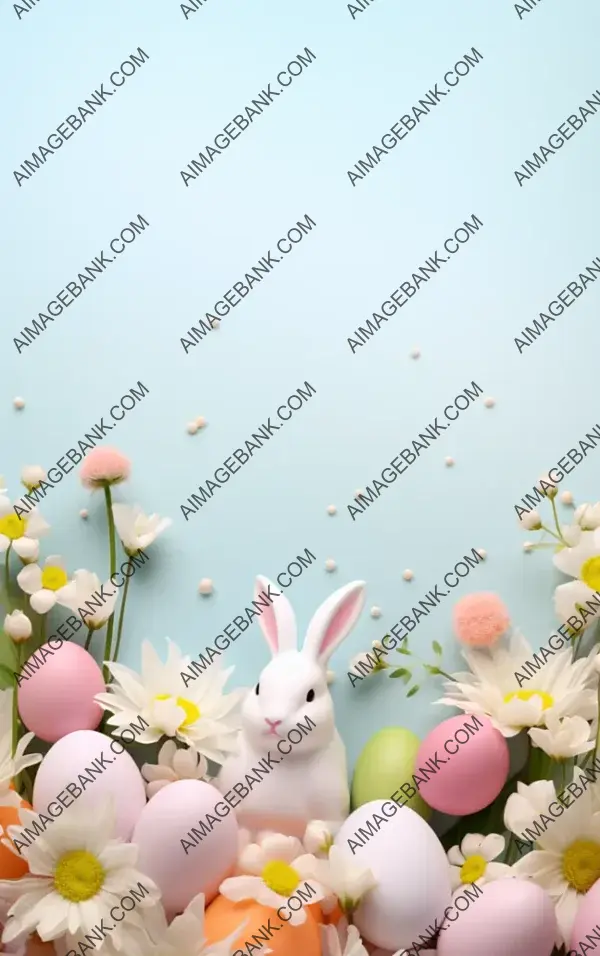 Pastel Easter Background with Flowers, Eggs, and Bunny