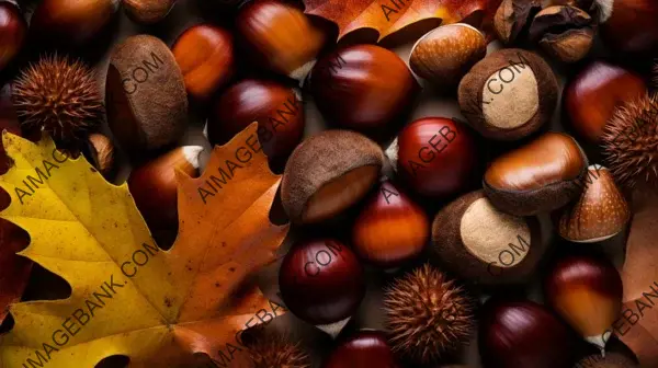 Top-Down View of Autumn Leaves and Chestnuts with Copy Space