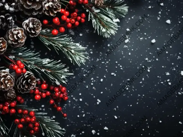 Winter Berries and Pine on Dark Background