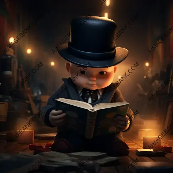 Detective Monopoly Figure Engaged in Reading &#8211; Mystery Theme