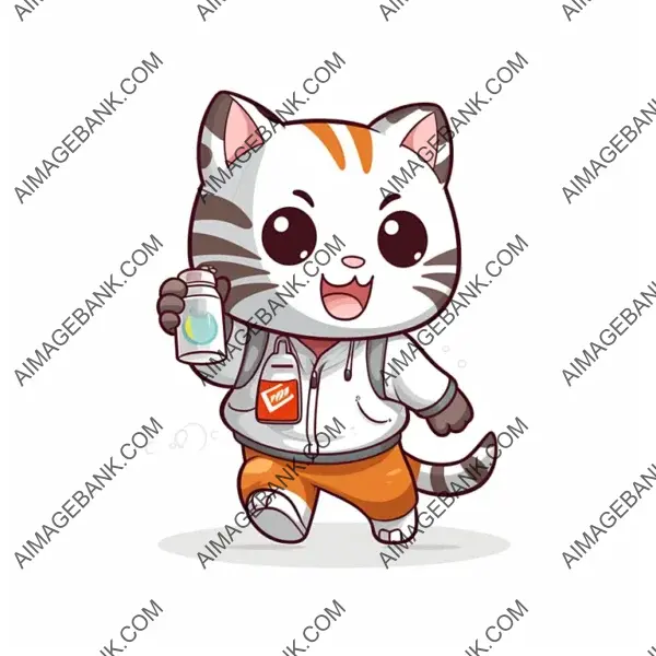 Cat Character in Chibi Humanoid Style Enjoying Juice