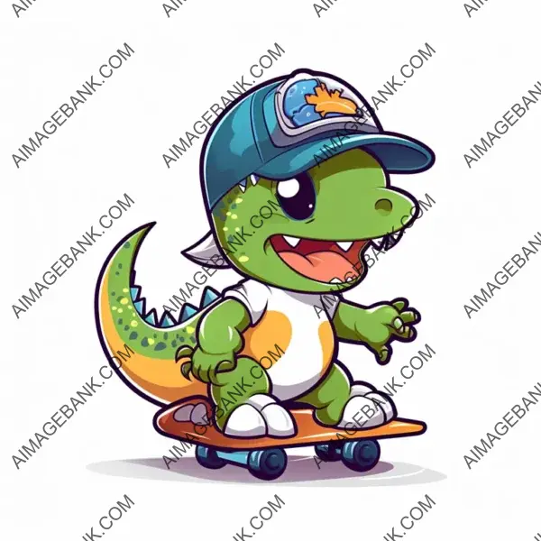 Playful Chibi Dinosaur Character Skateboarding