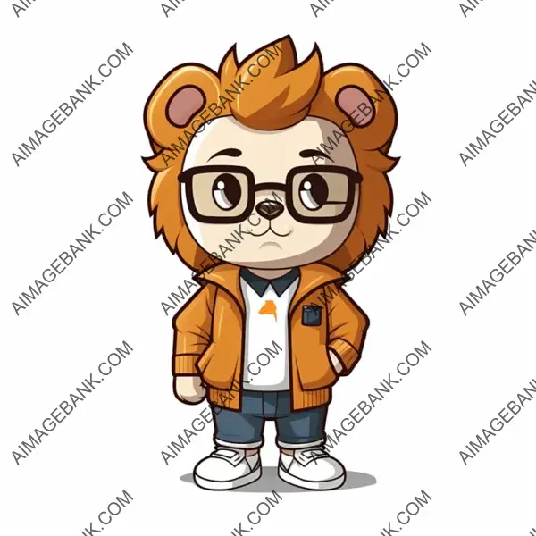 Stylishly Dressed Humanoid Lion Mascot in Cute Chibi Style