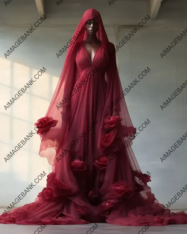 Glittery Cranberry Tulle Robe with Draped Hood: Fashion Elegance