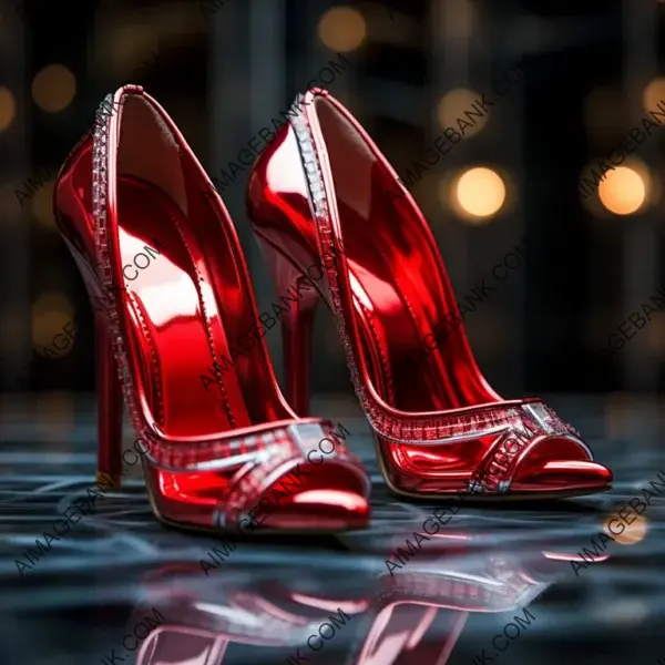 Stylish Heeled Shoes Pair: Shiny Red Heels with Long Exposure