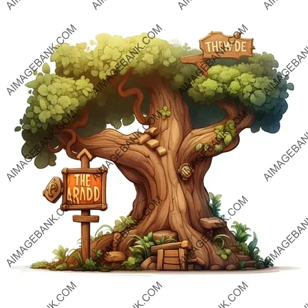 Animated Style Wooden Sign: White Tree on Nice Background