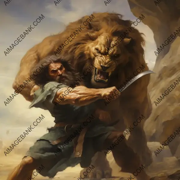 Samson&#8217;s Fierce Battle: Facing a Young Lion in Realism