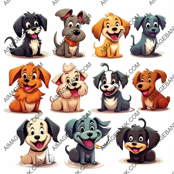 Adorable Funny Dog Motifs in 2D Cartoon Style on White