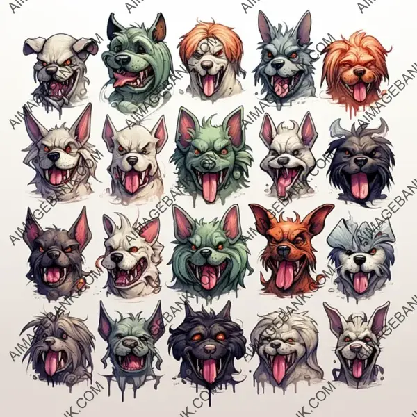 Drawings of Different Scary Dog Motifs in Nice Colors on White