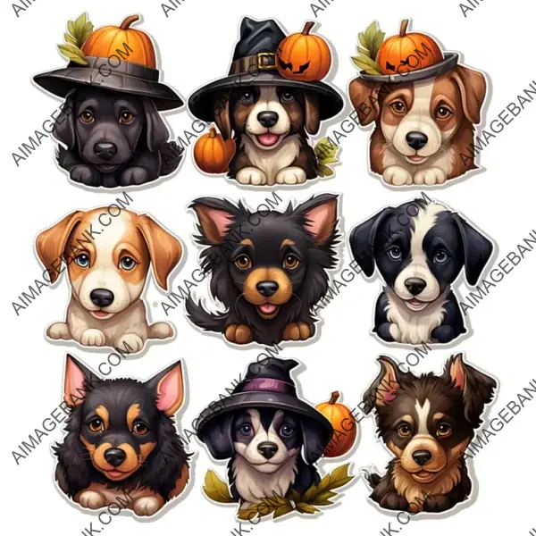 Halloween Dog Stickers in Cartoon Style on a White Background