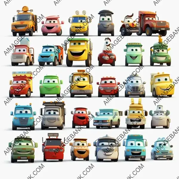 Variety of 30 Imojis Showing Trucks and Cars on a White Background