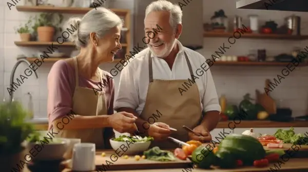 Elderly Couple Happily Cooking Together: Love Sizzles in the Kitchen