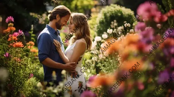 Garden of Romance: Couple Embracing in a Vibrant Setting