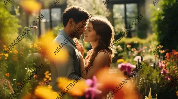 Love Blossoms: Couple Embracing in a Vibrant Garden