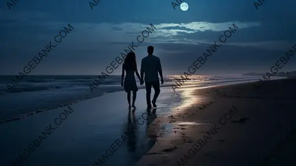 Moonlit Beach Stroll: Couple Walks Hand in Hand by the Sea