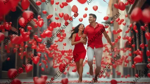 Love in Red: Couple Wearing Matching Shirts Holds Hands with Warmth