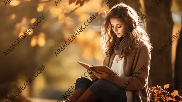 Serene Autumn: Beautiful Woman Resting Amidst Fallen Leaves