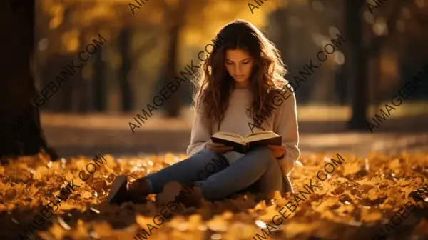 Autumn&#8217;s Beauty: Woman Relaxing in a Fallen Leaves Scene