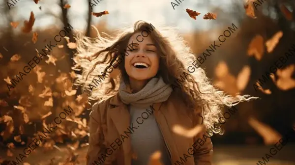 Autumn Playfulness: Woman Having Fun with Falling Leaves