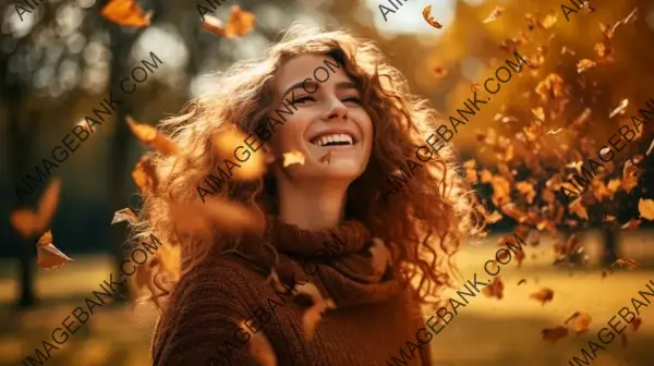 Young Woman Having Fun with Autumn Leaves