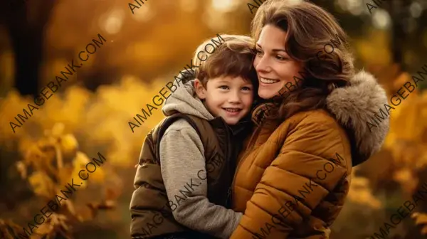 Heartwarming Moments: Mother and Son in a Well-Lit Autumn Park