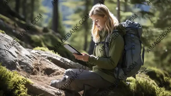 Sitting Female Hiker Using a Digital Tablet in the Wilderness