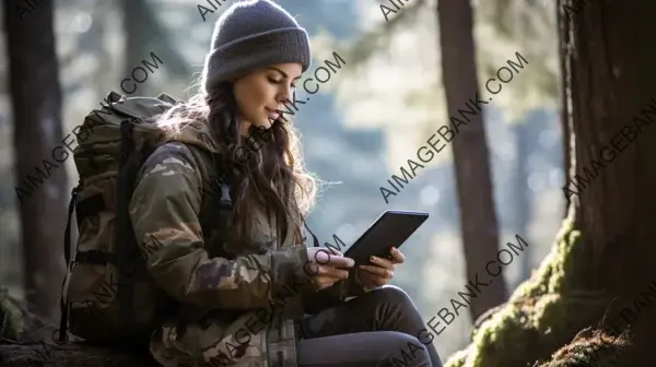Technology in Nature: Woman Hiker with a Digital Tablet