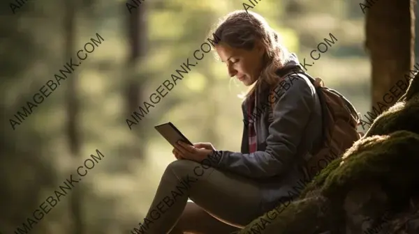 Hiking and Tech: Female Hiker Using a Digital Tablet Outdoors