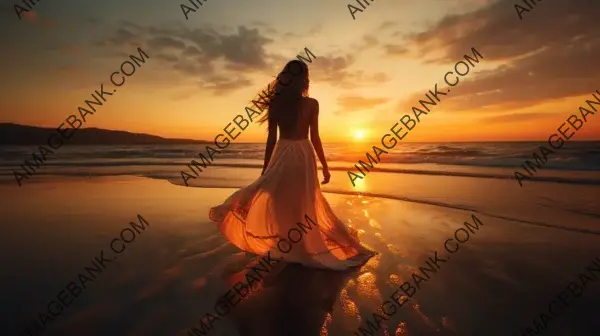 Sunset Over the Sea: Woman on a Wet Beach at Sunset