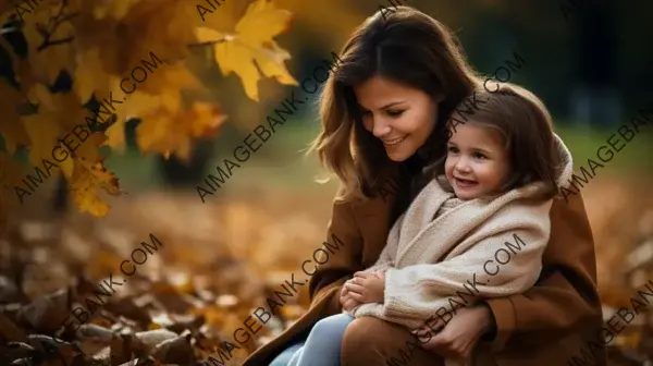 Young Mother and Her Little Daughter in Autumn