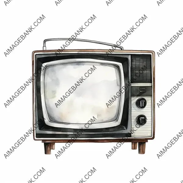 Watercolor Clipart of a Classic 1960s Black and White TV