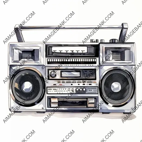 Retro 1980s Silver and Black Boom Box Watercolor Illustration