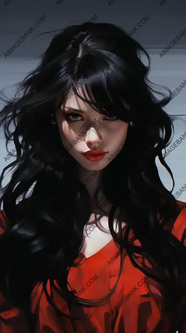 Stylish Fashion Sketch: Girl in Red Dress with Long Black Hair