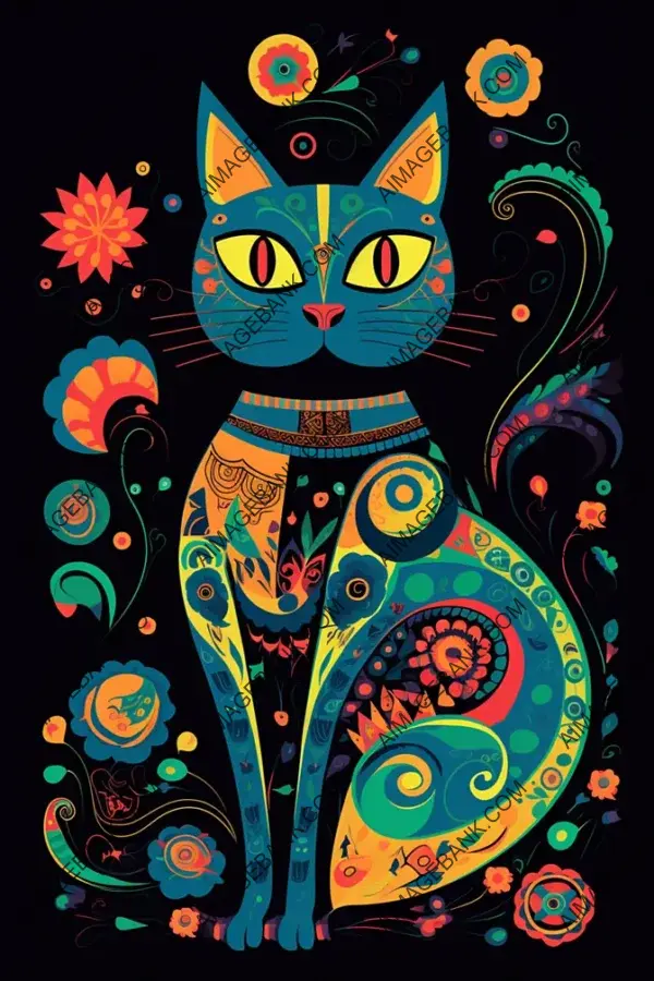 Stylistic Vector Folk Art Cat in Saturated Colors