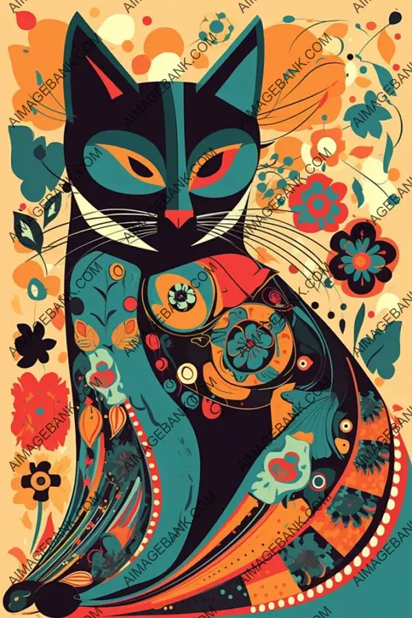 Saturated Colors: Folk Art Style Cat