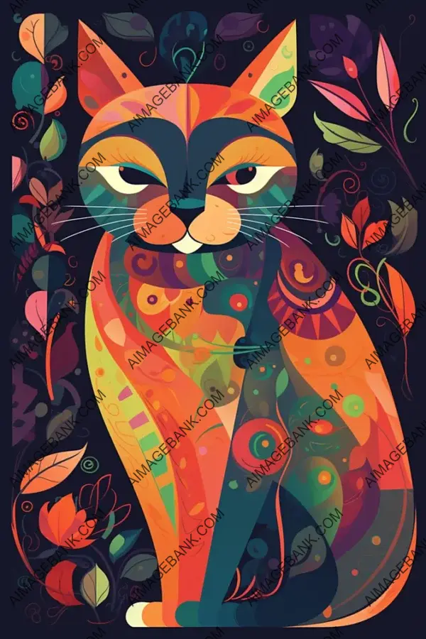 Artistic Cat Illustration in Vector Folk Style