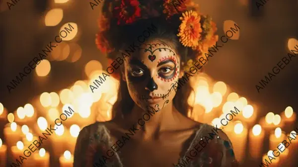 Traditional Beauty: Candlelit Portrait of a Woman with Mexican Elements