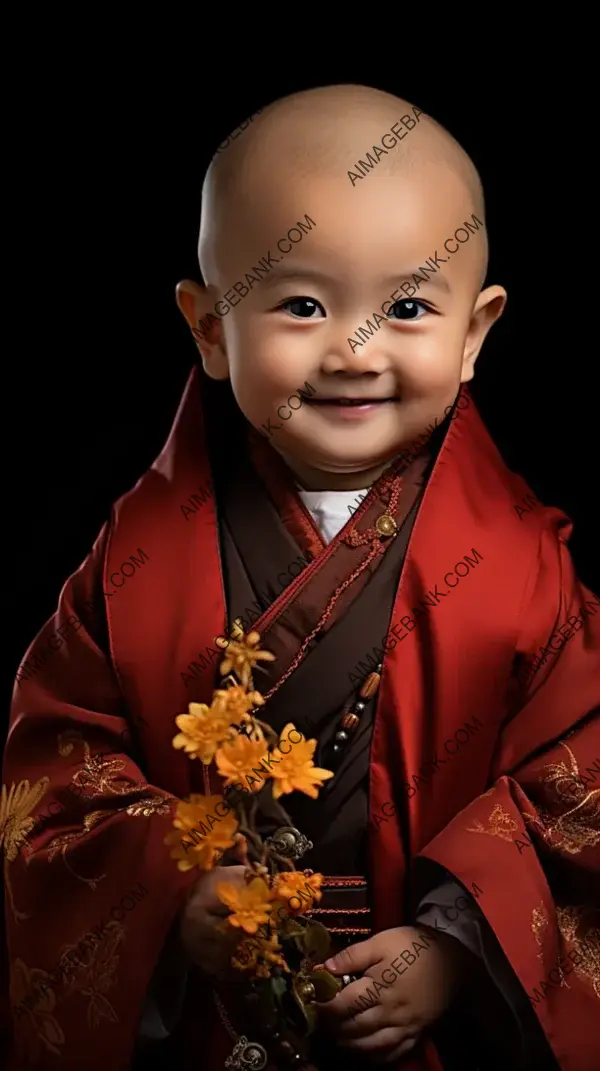 Young Chinese Monk&#8217;s Innocent Closed Lips Smile