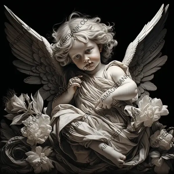 Black and White Serenity: Baby Angel Lying with Outstretched Wings