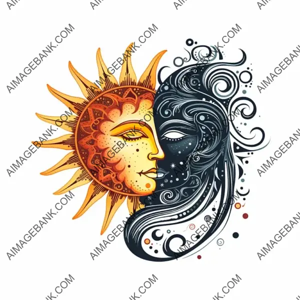 Moon and Sun Vector Art: Spiritual on White Background