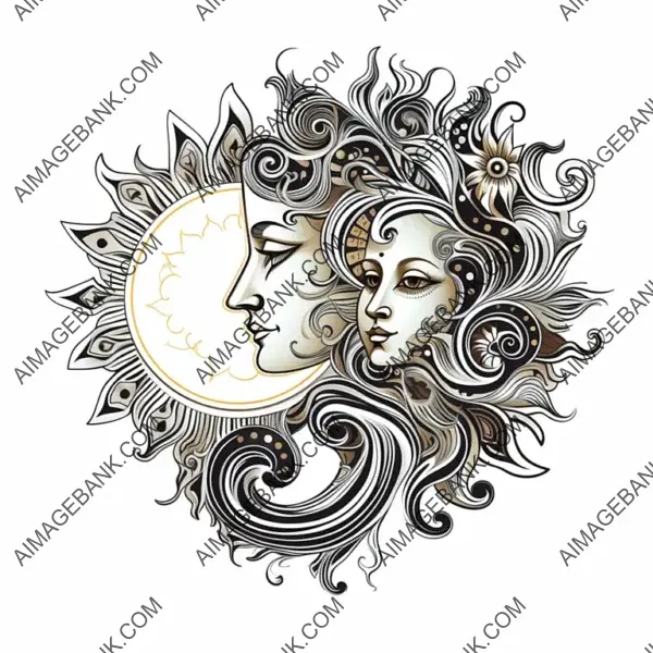 Spiritual Moon and Sun Vector Art on White Background