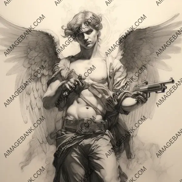 Baroque Style Pencil Sketch: Angel with Gun