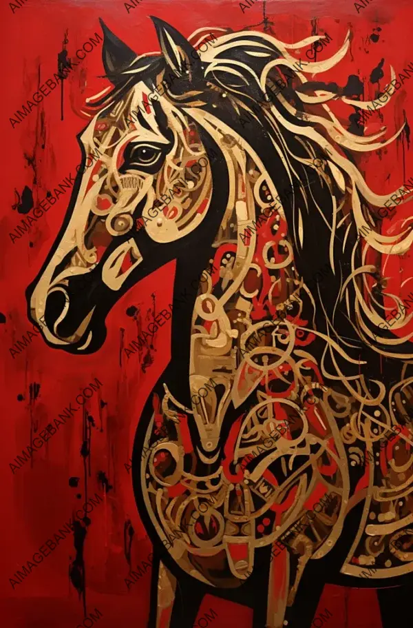 Red and Gold Arabian Horse with Arabic Calligraphy